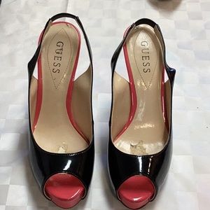 Guess, size 7M, black,pink,blue, 4.5” heels peep toe, elastic strap
